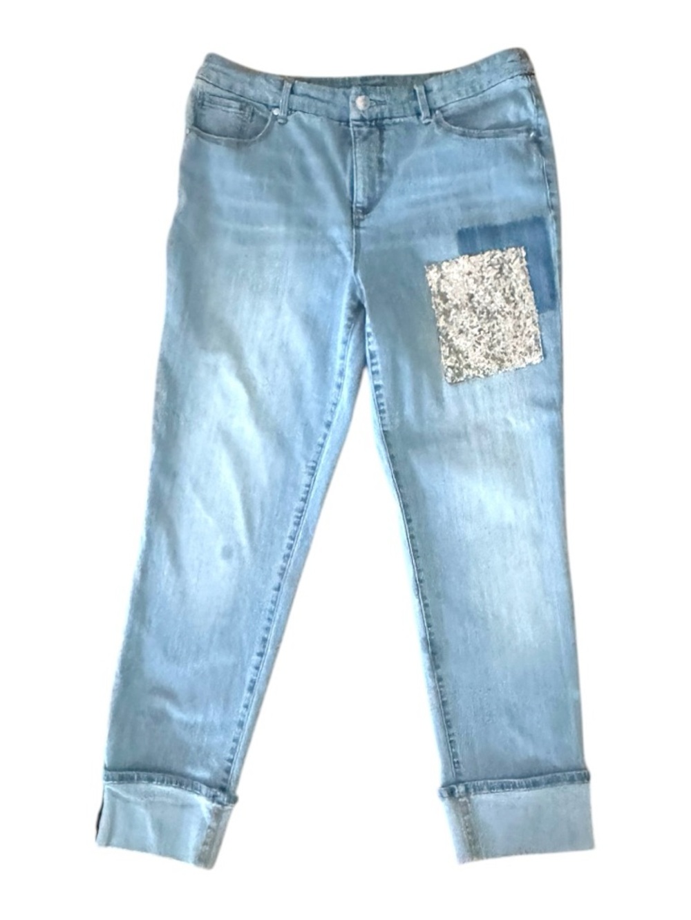 Chico's So Slimming Girlfriend Ankle Jeans with a specific sequin patch detail
